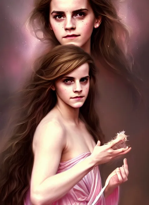 Image similar to emma watson as magic healer goddess, long hair, white and pink cloth, D&D, shiny background, intricate, elegant, highly detailed, digital painting, artstation, concept art, smooth, sharp focus, illustration, artgerm, bouguereau