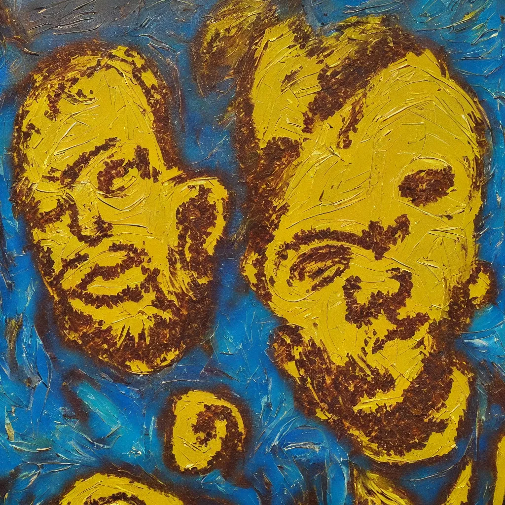 Image similar to happy face in the style of Jackson Pollack, with lots of stumbling, stumbled thick oil paint and painted in a style of painting similar to Van Gogh but more impasto and less hatching