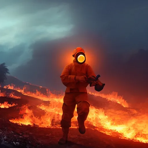 Image similar to a soldier with a glowing orange visor, a gas mask in a half-turn looks into the camera, bodies of the dead are scattered around, an orange fire in the background, octane render, 4k, details, dramatic pose