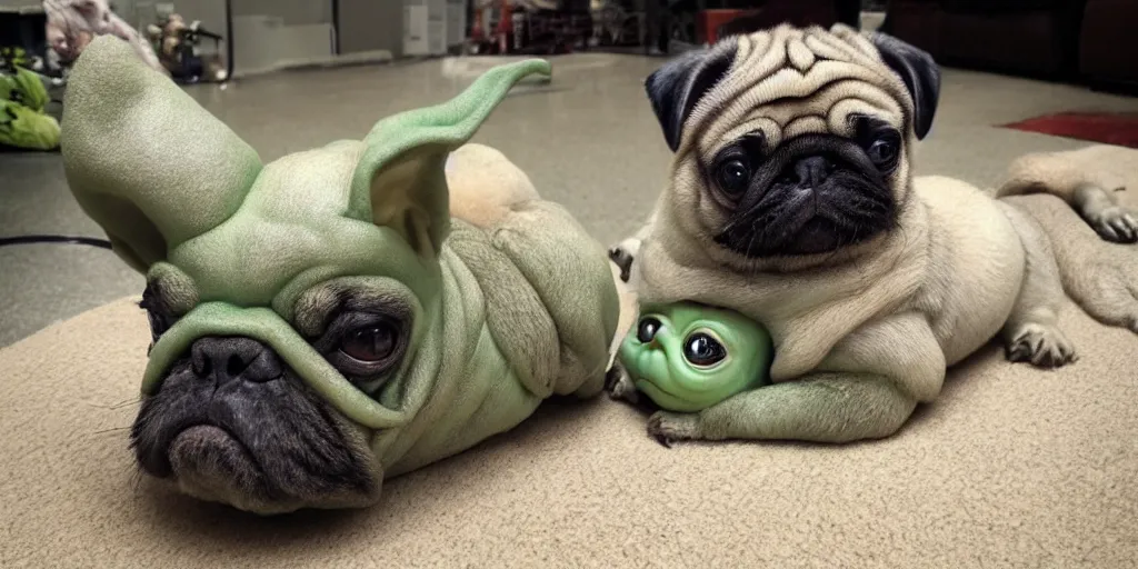 Prompt: Baby Yoda riding a Pug like a horse