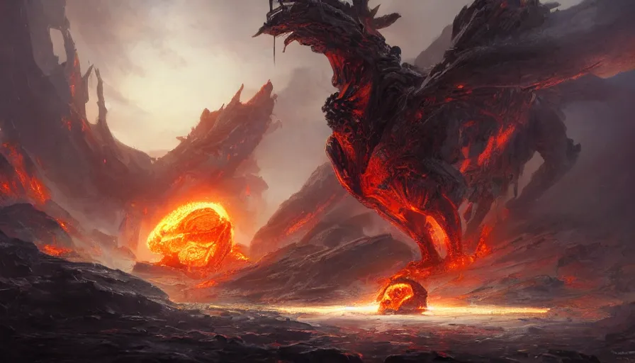 Image similar to a beautiful digital fantasy concept art of a giant electric cyborg dragon sitting on a molten rock, concept art by tyler edlin, james gurney, highly detailed, oil on canvas