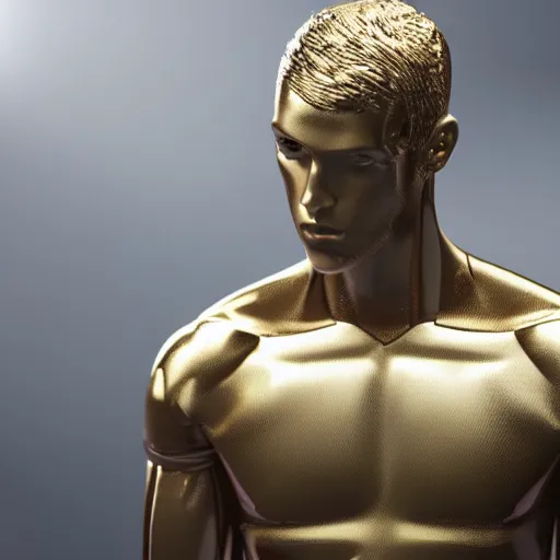 Image similar to a realistic detailed photo of a guy who is an attractive humanoid who is half robot and half humanoid, who is a male android, attractive and handsome soccer players, shiny skin, posing like a statue, blank stare, in a factory, on display, showing off his muscles, gold soccer shorts, side view, looking at each other mindlessly