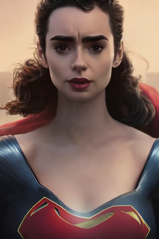 Image similar to a fancy close up of Man of Steel cast as Lily Collins by Greg Rutkowski, Sung Choi, Mitchell Mohrhauser, Maciej Kuciara, Johnson Ting, Maxim Verehin, Peter Konig, 8k photorealistic, cinematic lighting, HD, high details, dramatic, trending on artstation, full body shot