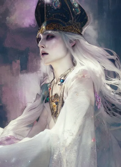 Image similar to a beatiful white haired princess, adorned with precious stone jewelry, intricate concept art, ethereal, ominous, dramatic lighting, Ruan Jia and Jeremy Mann and Alphonse Mucha