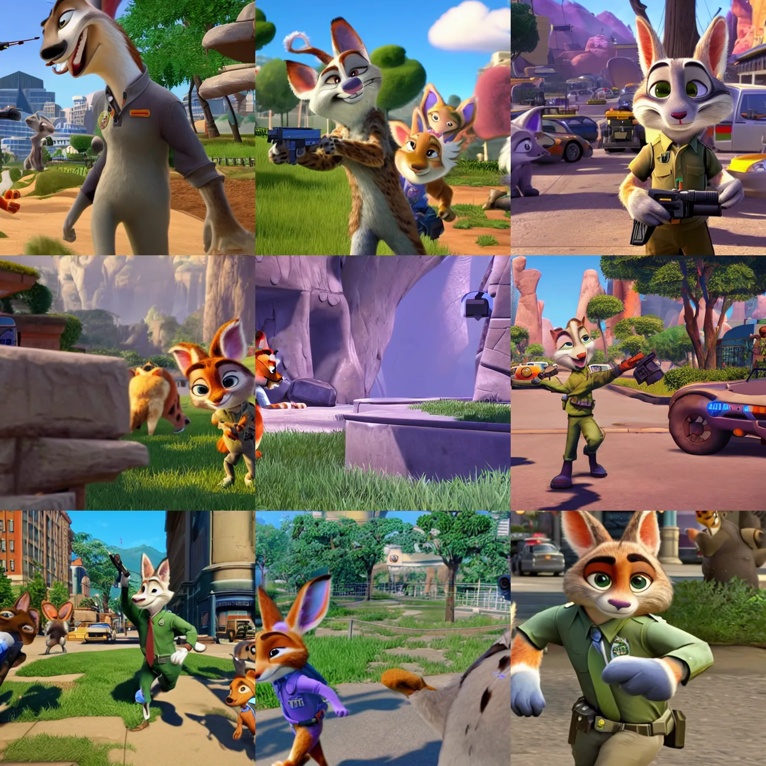 Prompt: Zootopia as a first person shooter for the Playstation 1, gameplay screenshot, ESRB Mature