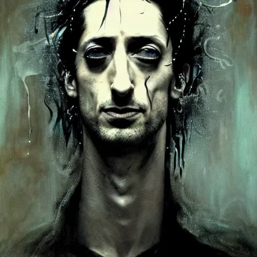 Image similar to stunning portrait of gaunt adrien brody a ( the cure fan ) as dream from sandman, dim stars as eyes, by jeremy mann, by cedric peyravernay, by by russ mills, by richard avedon and ben templesmith, dramatic lightning, sadness, dark eye sockets, in the shadows, punk rock, gothic, high detailed, 8 k