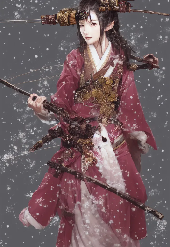 Prompt: detailed portrait of one single steampunk girl samurai with tachi and cross bow combat pose in snow forest sakura cherry blossom swan hakama kimono trending on artstation elite, elegant, luxury, by krenz cushart greg rutkowski alexandros, perfect face, fine details, realistic shaded, fine - face, pretty face