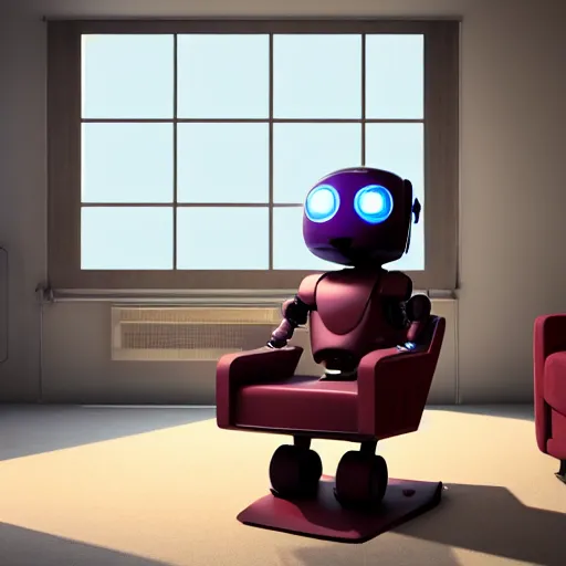 Image similar to futuristic studious matte brown and red full-body humanoid robot with two huge round expressive sad purple glowing LED eyes and open rectangular mouth sitting on a large comfortable cushioned 1950s vintage recliner reading a newspaper. open newspaper. Cinematic Movie Photograph, Arri Alexa, Extremely Detailed, smooth, very very clean, 8K, octane render, maya render, unreal engine, trending on artstation, DSLR, excellent composition, center frame