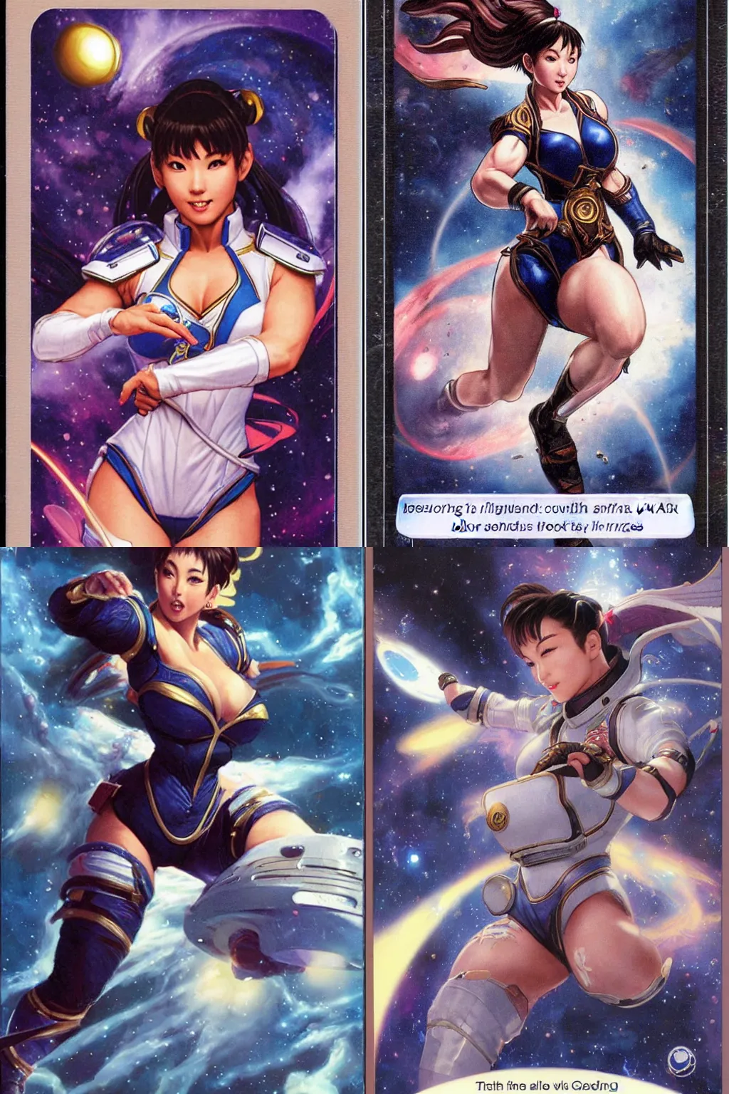 Prompt: chun li as an astronaut floating in space, magic the gathering trading card, livia prima