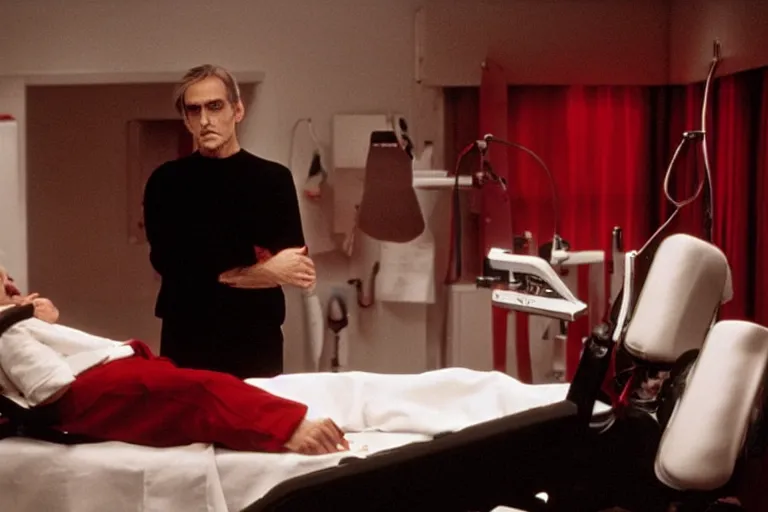 Image similar to a scene from the movie dead ringers with jeremy irons, dark cinematic lighting, heavy black and red palette and color contrast, medical equipment, movie directed by wes craven