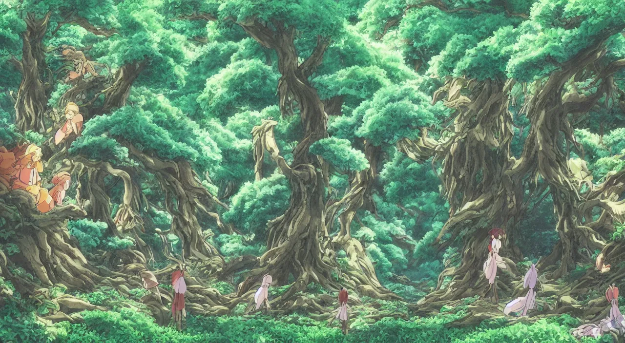 Prompt: studio ghibli anime still of a fantasy forest, magical creatures, mythical, key anime visuals