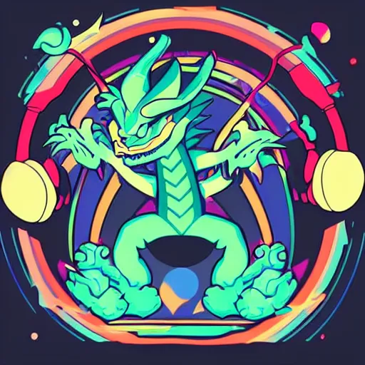 Prompt: svg vector sticker of, dragon, rocking out, wearing headphones, huge speakers, dancing, rave, DJ, spinning records, digital art, amazing composition, rule-of-thirds, award-winning, trending on artstation, featured on deviantart