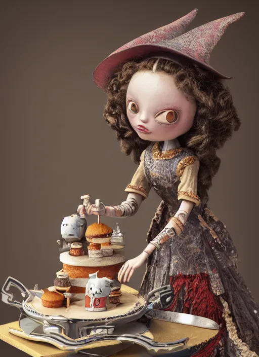 Image similar to closeup of a tin toy medieval witch eating cakes, depth of field, zeiss lens, detailed, symmetrical, centered, fashion photoshoot, by nicoletta ceccoli, mark ryden, lostfish, earl nore, hyung tae, frank frazetta, breathtaking, 8 k resolution, extremely detailed, beautiful, establishing shot, artistic, hyperrealistic, octane render