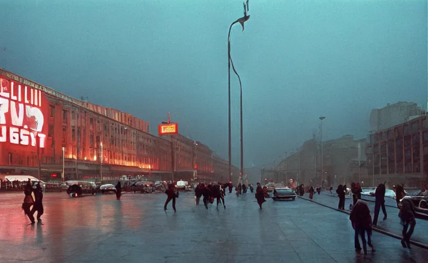 Image similar to 70s movie still of a sovietic street with pedestrians with soviet highrise in the backround , Cinestill 800t 18mm ektachrome color, heavy grainy picture, very detailed, high quality, 4k panoramic, HD criterion, dramatic lightning, neon billboards and streetlight at night, rain, mud, foggy, gigantic red lenin portrait on the wall, soviet flags