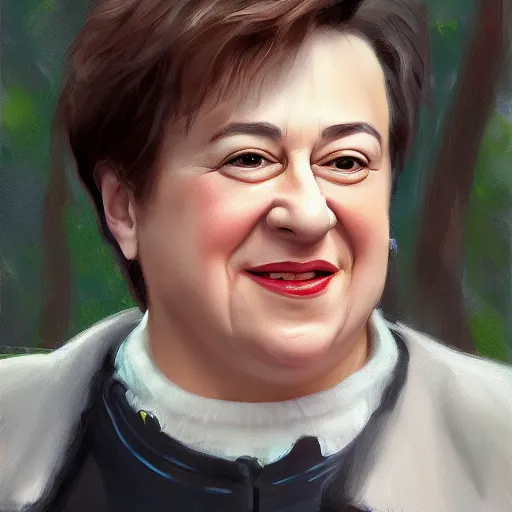 Prompt: close - up shot of supreme court justice elena kagan going for a walk in the woods, digital art by ruan jia and mandy jurgens and artgerm, realistic face, highly detailed, trending on artstation, award winning