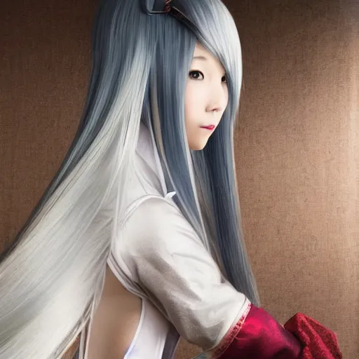 Image similar to full body shot of a japanese princess young lady, beauty, with a long white, white hair, ganyu cosplay, artwork by Akihiko Yoshida