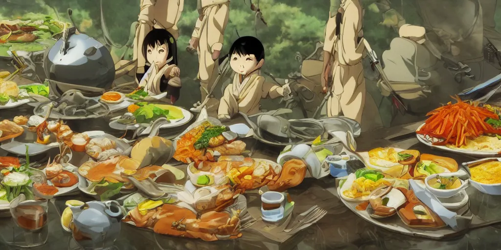 Image similar to A feast for the Ninjas, very detailed, anime, Delicious, Plump, Juicy, Hot Food, large white border, hd, 8k, Unreal Engine 5, high resolution print :1 by Hayao Miyazaki, Nausicaa, studio Ghibli style, Anime wallpaper, cell shading, trending on deviant art :1