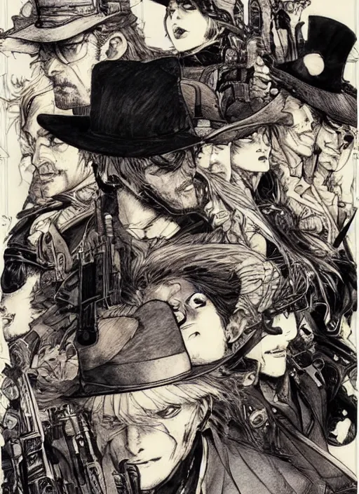 Image similar to a gunslinger wearing various hats on top of hats, by takehiko inoue and kim jung gi and hiroya oku, masterpiece ink illustration