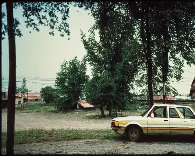 Image similar to a lomographic photo of old lada 2 1 0 7 standing in typical soviet yard in small town, hrushevka on background, cinestill, bokeh