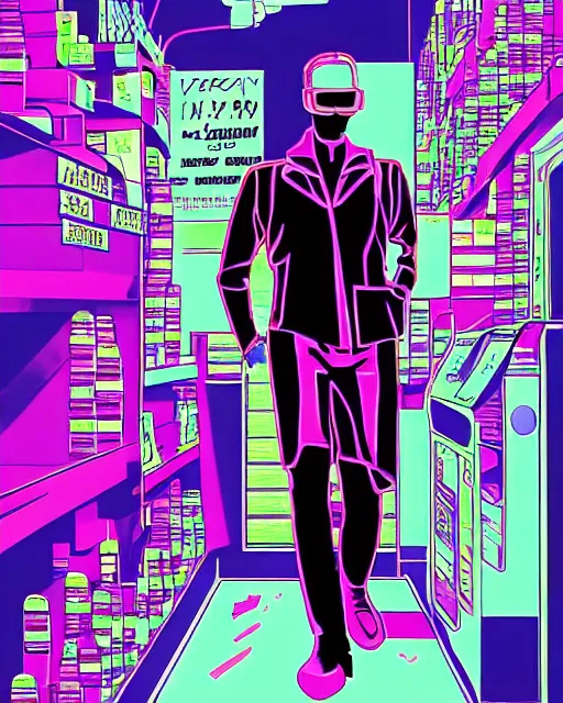 Prompt: cyberpunk man shopping at a neon soaked grocery store, science fiction painting, elegant intricate digital painting artstation, art by patrick nagel, detailed