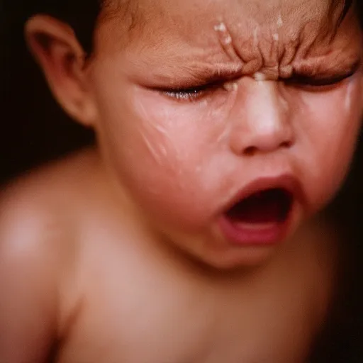 Image similar to portrait photography of crying child with tears in eyes by annie leibovitz, deep emotions, perfect facial symmetry, dim volumetric cinematic lighting, 8 k, post - processing, extremely hyper - detailed, intricate, epic composition, masterpiece, stunning,