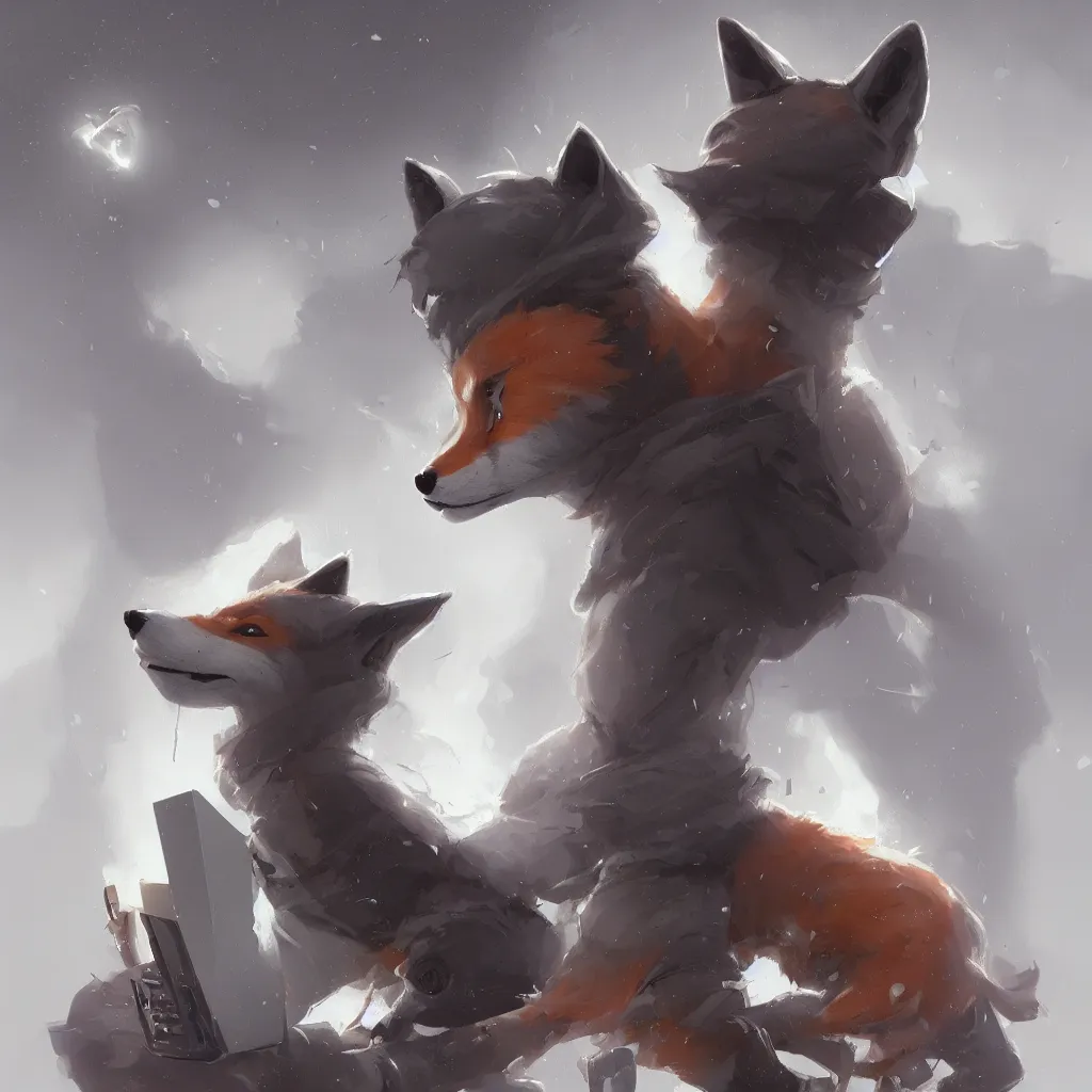 Image similar to an anthropomorphic fox in a hoodie sitting in front of a portable black computer, white background, concept art, digital painting, highly detailed, style of by Jordan Grimmer and greg rutkowski, illustration