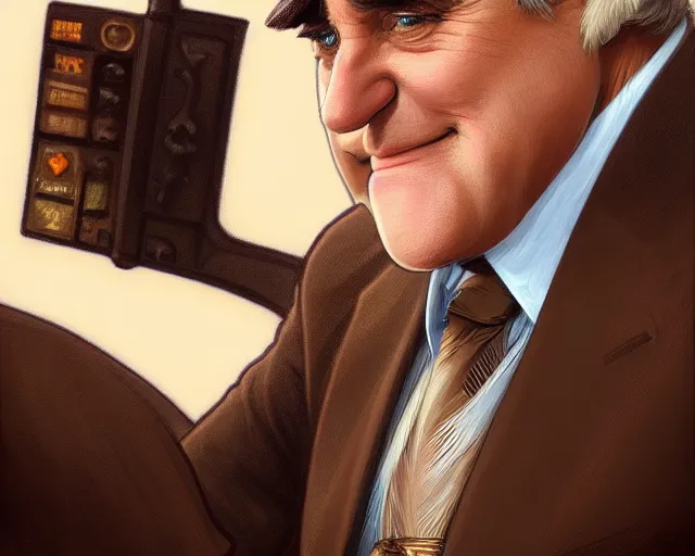 Image similar to close up of jay leno wearing a brown suit and necktie, focus, d & d, intricate, elegant, highly detailed, digital painting, artstation, concept art, matte, sharp focus, illustration, hearthstone, art by artgerm and greg rutkowski and alphonse mucha