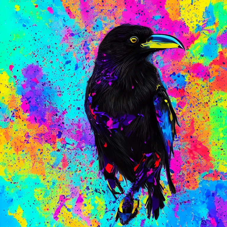 Image similar to colorful illustration of black raven bird in headphones, colorful splatters, by andy wrahol and zac retz and kezie demessance