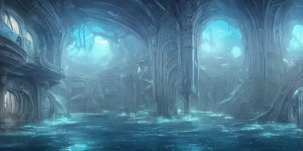Prompt: underwater city, style epic, symmetrical, insanely detailed, style of charlie bowater, kelly mckernan, unreal engine render, artstation trend, hyper detail, epic art style, cinematic, concept art