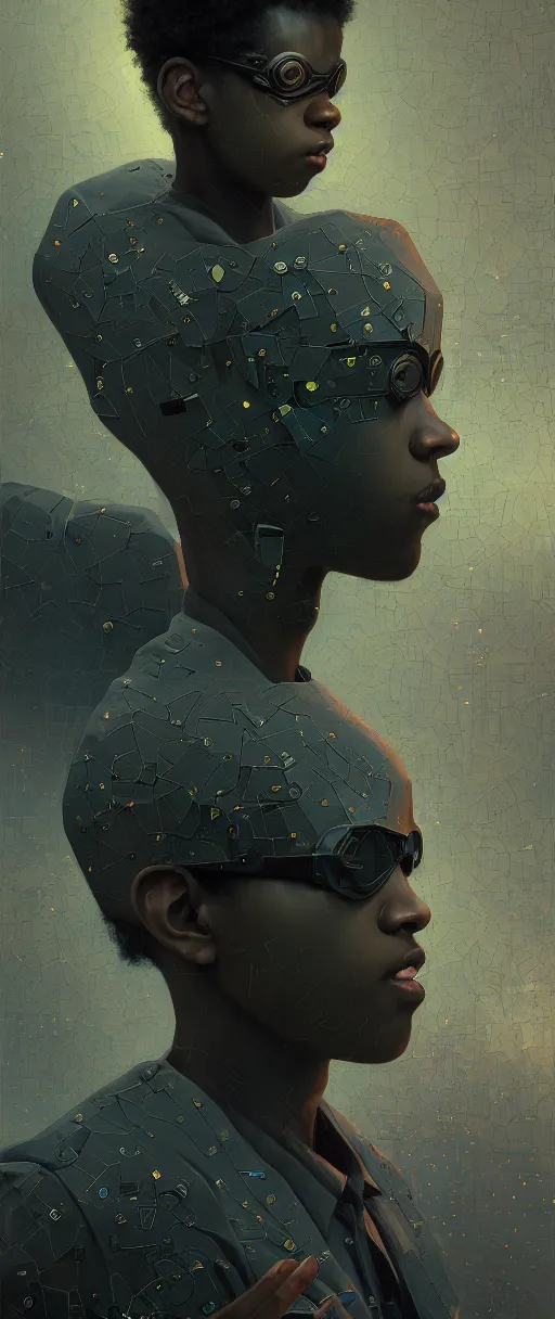 Prompt: portrait of black teenager programming the matrix - in the style of surrealism - art, by wlop, james jean, victo ngai! muted colors, very detailed, art fantasy by craig mullins, thomas kinkade cfg _ scale 8
