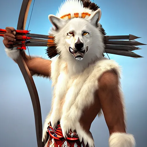 Image similar to An Anthropomorphic White Wolf dressed as a Native American Archer, artstation, award winning masterpiece, ultra detailed, 4k