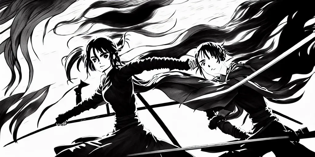 Image similar to a very detailed manga of emma watson in demon slayer manga panel, action lines, greg rutkowski, high resolution, dynamic pose, landscape, medium portrait, samurai outfit, action, hyper realistic, manga, koyoharu gotouge, sakuga