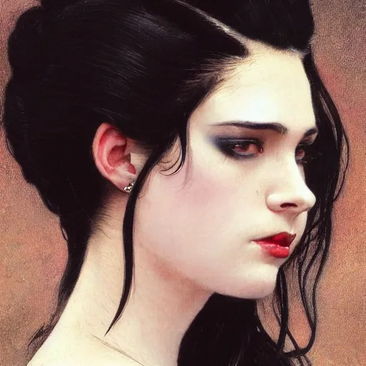 Image similar to side shot of a vampire princess, stern expression, head only, headshot, neck up, royalty, black hair, rose crown, pale skin, mouth slightly open, elegant, lifelike eyes, intricate, black background. by Stanley Artgerm Lau , greg rutkowski, thomas kindkade, alphonse mucha, loish, norman rockwell, J. C. Leyendecker. D&D, fantasy. Trending on artstation rule of thirds, detailed illustration, hd 4k