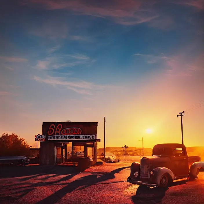 Image similar to a sunset light landscape with historical route 6 6, lots of sparkling details and sun ray ’ s, blinding backlight, smoke, volumetric lighting, colorful, octane, 3 5 mm, abandoned gas station, old rusty pickup - truck, beautiful epic colored reflections, very colorful heavenly, softlight