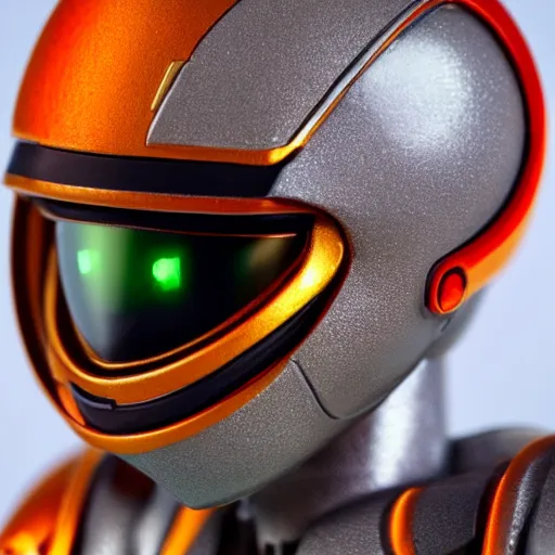 Image similar to helmet portrait of a figurine of samus aran's varia suit from the sci - fi nintendo videogame metroid. glossy. red round helmet, orange shoulder pads, green visor. shallow depth of field. suit of armor.