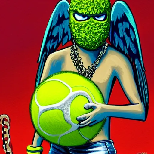 Image similar to a tennis ball monster with angel halo and wings, golden chain necklace, balaclava, tennis ball, urban, hip hop, rap, colorful, digital art, fantasy, magic, trending on artstation, ultra detailed, professional illustration by Basil Gogos