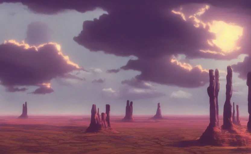 Image similar to a hyperrealist cell - shaded cartoon movie still from howl's moving castle ( 2 0 0 4 ) of a city in a flooded stonehenge monument valley. a rainforest is in the background with shafts of sunlight from above. very dull muted colors, hd, 4 k, hq