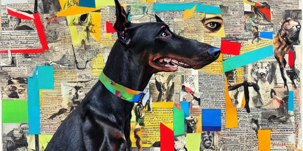 Image similar to mad doberman on a chain, collage, acrylic on canvas, lines with colored pencils, newspaper clippings, expressionism movement, breathtaking detailed, by blake neubert