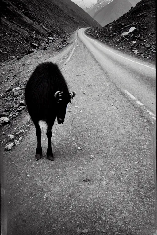 Image similar to photo polaroid of a sad and lonely child in the middle of a mountain road , Nepal,Himalayas, loneliness,,tahr , black and white ,photorealistic, 35mm film,