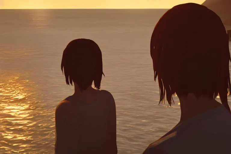 Image similar to max caulfield watching sunset on the sea, life is strange, realistic, cinematic, 8 k, highly detailed, ue 5