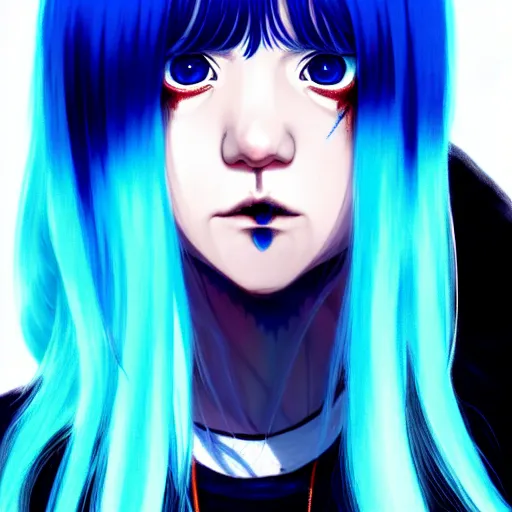 Image similar to full face shot of rimuru tempest, sky blue straight hair, long bangs, with amber eyes, wearing a black jacket, high collar, ultra detailed, concept art, award winning photography, digital painting, cinematic, wlop artstation, closeup, pixiv, evil, yoshitaka amano, andy warhol, ilya kuvshinov,