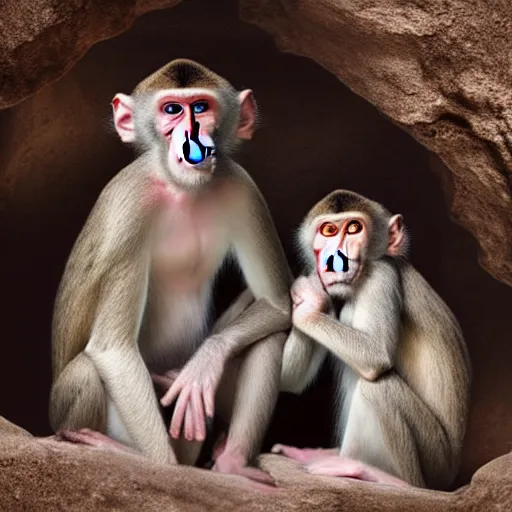 Image similar to two macaques looking at each other inside ancient cave, digital art, soft shadows, creepy art, flare effect