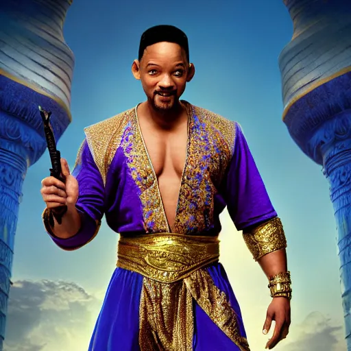 Image similar to will smith as the genie from alladin with a pistol, photo realistic, 8 k, detailed, will smith, alladin