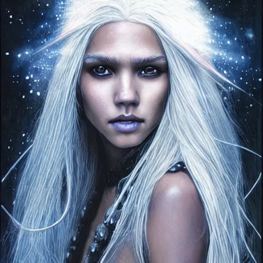 Image similar to head and shoulders portrait of an obsidian - skinned, white - haired drow elf spider wizard portrayed by young jessica alba, in a crystal cavern, d & d, fantasy, luis royo, magali villeneuve, donato giancola, wlop, krenz cushart
