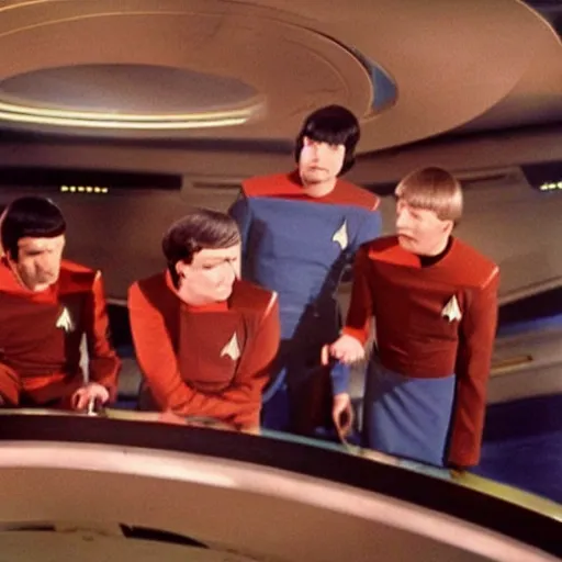 Image similar to the band queen sitting on the bridge of the enterprise in star trek, film still, 1 9 6 0 s, very colorful