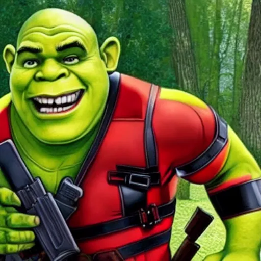 Prompt: deadpool and shrek together collab