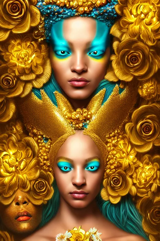 Prompt: hyperrealistic neo - rococo cinematic very beautiful! oshun goddess with gold eyes, water armor, bejeweled gold flowers, highly detailed digital art masterpiece, smooth etienne sandorfi eric zener dramatic pearlescent soft teal light, ground angle uhd 8 k, sharp focus