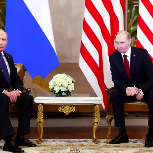 Prompt: biden and putin are in big pain while handshacking each other