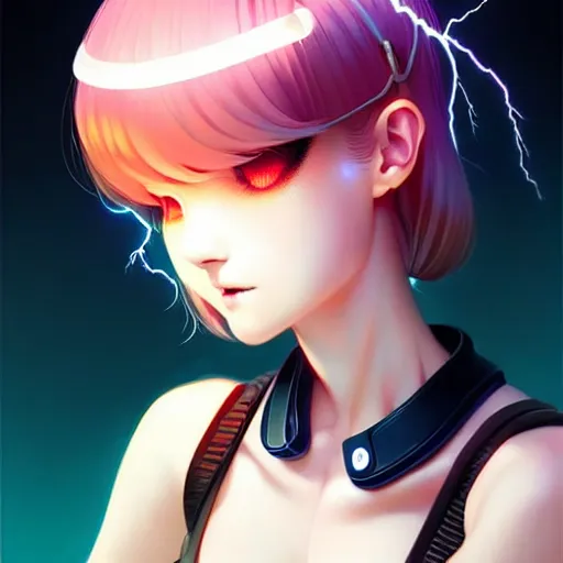 Image similar to cute girl electrocuted, sparks, lightning, occlusion shadow, specular reflection, rim light, unreal engine, range murata, artstation, pinterest, art by hiroaki samura and ilya kuvshinov and rossdraws, intricate, highly detailed 8 k, art deco illustration, realistic, extremely beautiful shape of face, neck, shoulders eyes