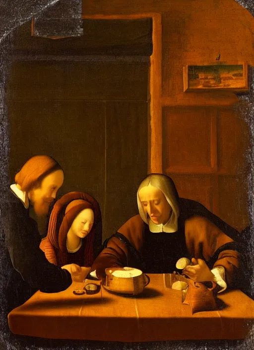 Image similar to a candlelit table at the inn, evening, dark room, two people sitting at the table, swirling smoke, dark smoke, realistic, in the style of leonardo da vinci, dutch golden age, amsterdam, medieval painting by jan van eyck, johannes vermeer, florence